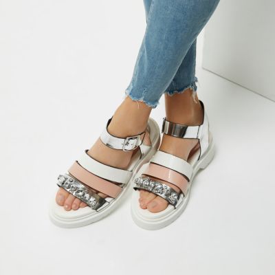 White chunky multi strap sandals